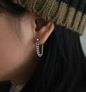 Korean Style Minimalist 3mm Curb Chain Surgical Solid Steel Punk Earrings 3cm - Picture 1 of 5