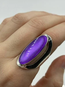 Vtg 925 Sterling Silver Ring Purple Resin Enamel Oversized Oval Space Sz 7 - Picture 1 of 6