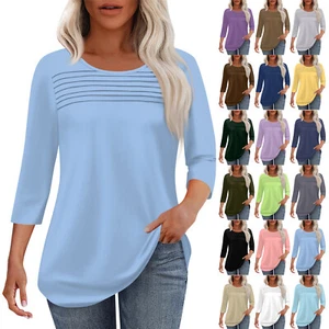 Womens Tops 3/4 Sleeved Tshirts Flowy Crew Neck Tops Pleated Front Tees Blouses - Picture 1 of 66