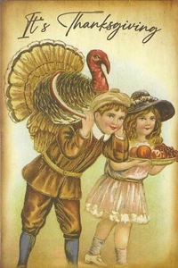 Vintage Thanksgiving Postcard RETRO Antique NEW REPRINT Turkey Boy Girl Apples - Picture 1 of 2