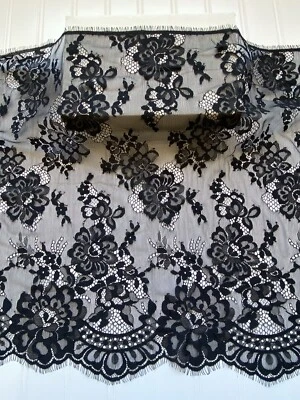 3 Yards Black Floral Embroidered Eyelash Lace Trim/Fabric /Sewing/Shawl/17" Wide - Image 1 of 4