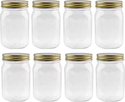 16Oz Clear Plastic Mason Jars (8-Pack, Gold Metal Lids); PET Bpa-Free Mason Styl - Image 1 of 4