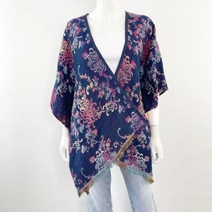 Chico's blau & rosa Blumen Gobelin Schal Kimono Einheitsgröße Pullover Herbst kuschelig - Bild 1 von 8