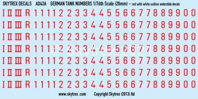 SKYTREX WWII DECALS German Tank Numbers (RED) 1/76 - 1/72 - 20mm Scale - AD43A