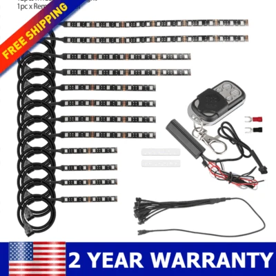12Pcs Motorcycle RGB LED Neon Under Glow Lights Strip Kit With Remote Control US