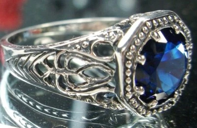 Sapphire Ring, Simulated Gem Sterling Silver Victorian Filigree Ring #D11 - Image 1 of 4