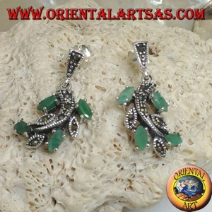 Orecchini in Argento 925‰ ramo con foglie tempestato di marcasite e con smeraldi - Imagen 1 de 2