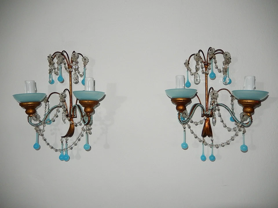 ~c 1920 Francés RARO Azul OPALINO Gotas y Prismas de Cristal Apliques con Cuentas Foto 1 de 1