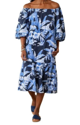 TOMMY BAHAMA DAYBREAK HIBISCUS OFF SHOULDER DRESS 100% COTTON ISLAND NAVY SIZE S - Image 1 of 4