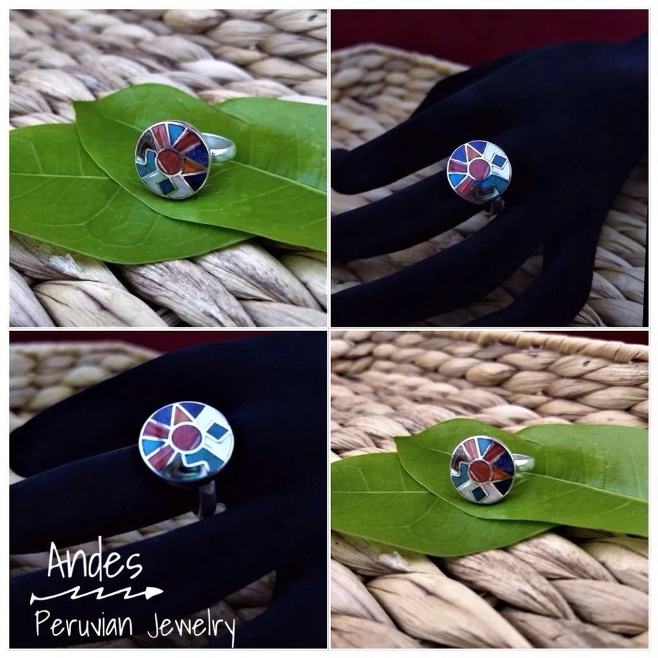 Anillo peruano hecho a mano plata 950 conchas de piedras figuras geométricas talla 7,5-8,5 Foto 1 de 4