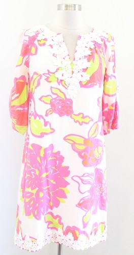 OFF WHITE Abito tunica Lilly Pulitzer bianco sporco rosa floreale pizzo orlo misto seta taglia 4