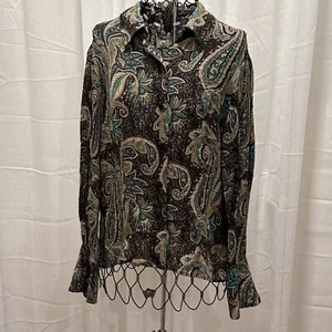 VTG Paisley Blouse Size 14 Silk Sheer Button Front Top Blue Brown Casual Corner - Picture 1 of 11