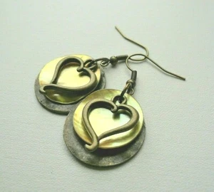 HEART Dangle EARRINGS Yellow Flat Shell and Antique Bronze DISCS KCJ4043 - Picture 1 of 5