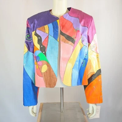 Chaqueta corta pintada a mano años 90 80 abstracta única personalizada Patricia Sheldon Florida Foto 1 de 4