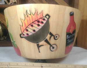 Clay Art Hand Painted Wood Salad Bowl with Bar-B-Q Barbecue Theme 12" X 6" - Picture 1 of 8