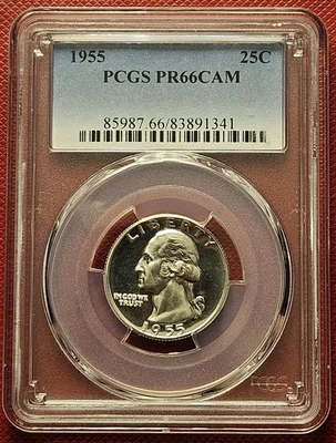 1955  PCGS PR66Cam SILVER WASHINGTON QUARTER PROOF CAMEO Free Shipping  - Image 1 of 2