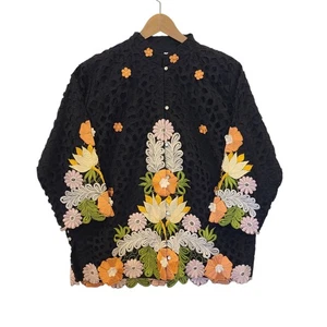 Chaqueta Negra De Colección Queen Caro Of Honolulu Floral Bordada Ojales Grande Artística - Imagen 1 de 10