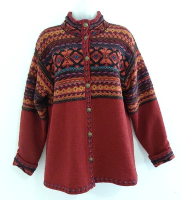VTG Icelandic Sweater Wool Cardigan Women's Med Knit LINED Nordic Red Cozy Warm - Image 1 of 4