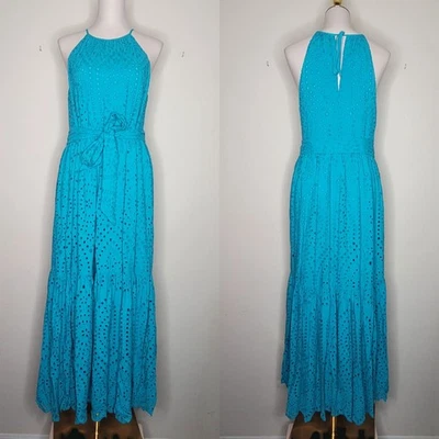 Antonio Melani Size 6 Turquoise Blue DRS River Eyelet Maxi Tropical Palms Dress - Image 1 of 4