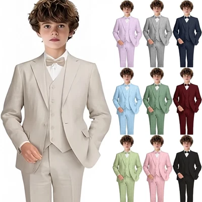 Boys Linen Suit Boys 3 Piece Vest Suit Boy Formal Suit Set Tuxedos for Kids Prom - Image 1 of 4