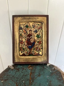 VINTAGE Byzantine Art Virgin Mary Tree Of Jesse Handmade Gold Leaf - Picture 1 of 6