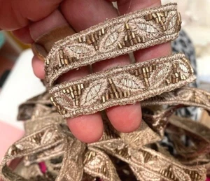 embroidered leaves trim 5/8" glass beads hand sewn antique gold beige 1yd - Picture 1 of 4
