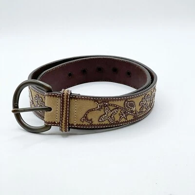 Cinturón Cintura Cuero Tostado Fósil Aplicado Patrón Floral Capa Marrón Hebilla Latón M Foto 1 de 4