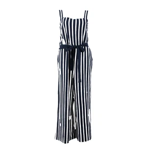 J Crew NEW Sz 14 Navy Blue White Stripped Sleeveless Belted 100% Cotton Jumpsuit - Picture 1 of 20