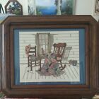 VTG 1988 Completed Cross Stitch  Framed Picture Porch/Rocking Chair 18.5 x 15.5"