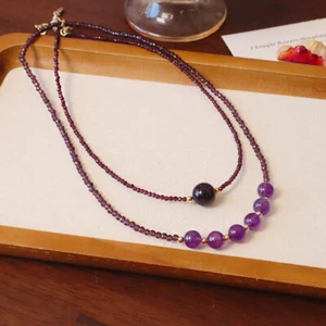 Collana con ciondolo perle ametista rotonde spinello viola catena clavicola catena collo catenina - Foto 1 di 9