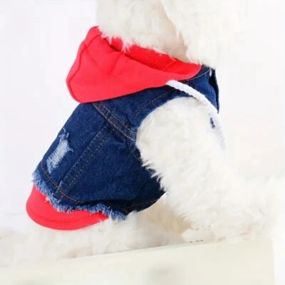 Jaqueta jeans para cachorro presente de animal de estimação namorados casaco jeans vermelho com capuz NOVO - Imagem 1 de 4