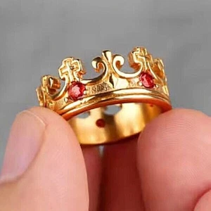 Men Women Stainless Steel 18K Gold Plated Royal Cross Crown Red CZ Wedding Ring - Picture 1 of 3