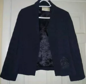 VALENTINO Roma Navy Blue Ribbed Beaded Accent Open Front Dress Jacket 44 10 - Picture 1 of 6