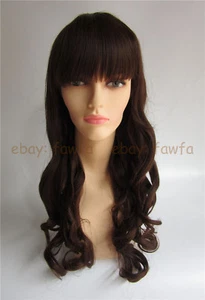Hot Brown Long Curly Wave Wig Synthetic Hair Full Bangs Women Cosplay Full Wig - Picture 1 of 8