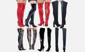 NEW UNISEX THIGH HIGH OVER KNEE BOOTS BACK FRONT LACE STILETTO HEEL SIZE 3 TO 12 - Picture 1 of 11