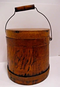 Antique Firkin Staved Wood Bucket W/Lid &Handle Sugar Pail Bands Primitive Rare - Picture 1 of 13
