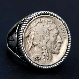 US 1936 Indian Head Buffalo Nickel 925 Sterling Silver Ring NEW - Buffalo Skull - Picture 1 of 12