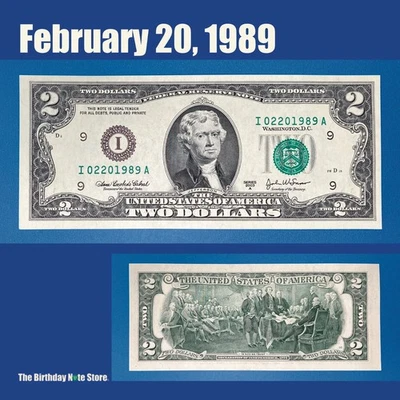 February 20, 1989 Birthday Anniversary $2 Two Dollar Bill Serial Number 02201989 - Image 1 of 2
