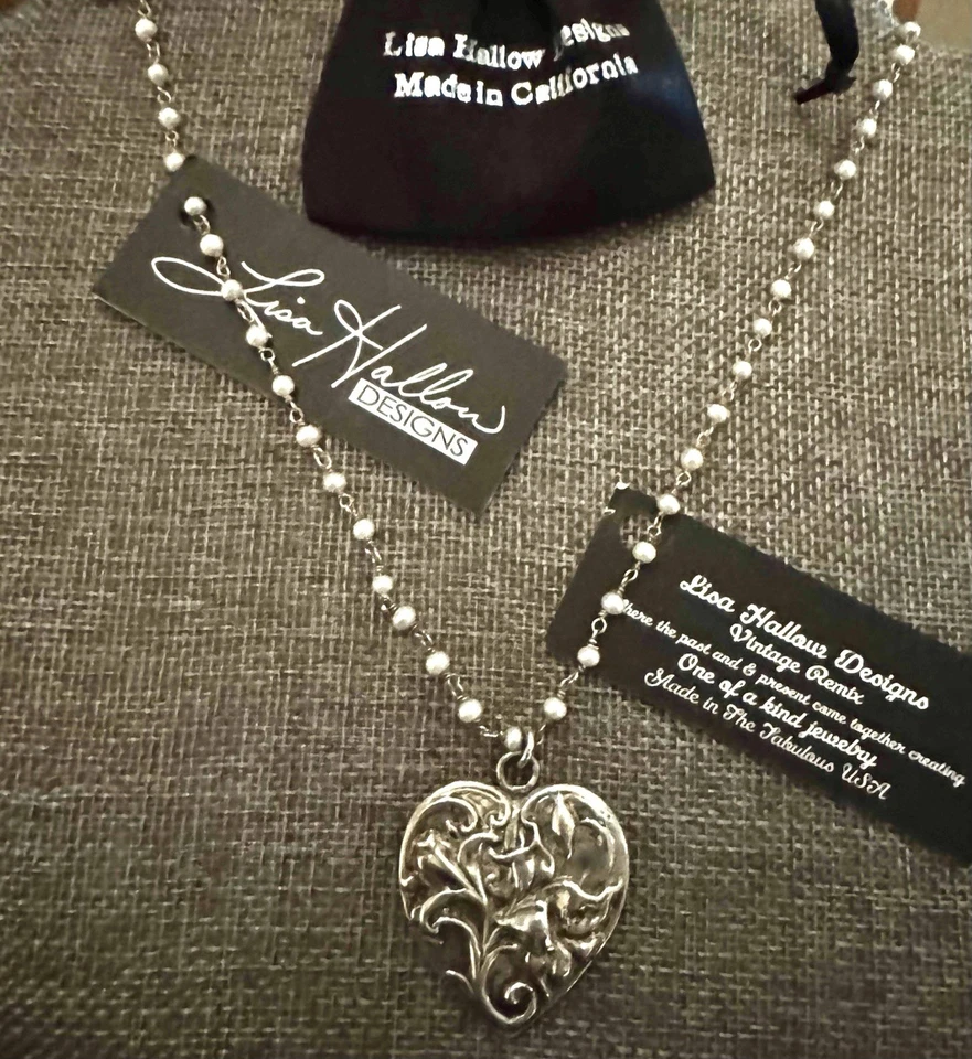 � Colgante de corazón grande de ley de colección en cadena de perlas pequeñas, único en su clase Foto 1 de 4