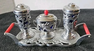 Vintage Colbalt Blue Glass Stainless Salt Pepper Shaker Sugar Bowl Tray Bakelite - Picture 1 of 9