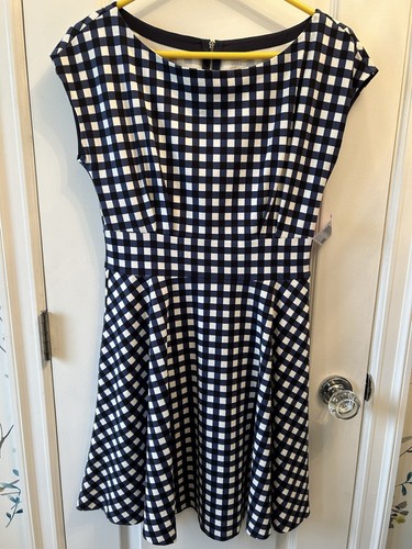 Abito donna Kate Spade Fiorella aderente e svasato taglia media tasche gingham nuovo con etichette