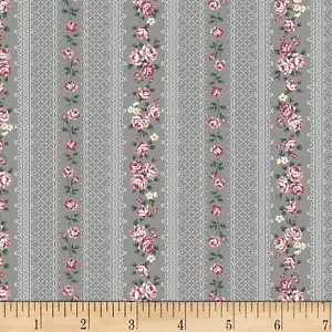 Stof Fabrics 4501-043 Emily Roses Row of Roses Gray Cotton Fabric By The Yard - Picture 1 of 1