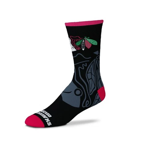 NHL Chicago Blackhawks 2 Pack Black Crew Socks Men's Large 8-13 All Over Logo Cover