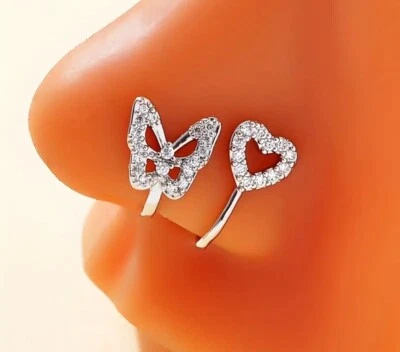 2шт Серебряный полый бабочка и сердце блестящие стразы поддельный пирсинг зажимы для носа - Изображение 1 из 3