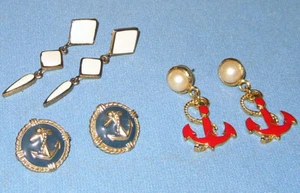 Three Pair Vintage Women's Anchor Nautical Sailor Navy Red/Blue Enamel Earrings - Picture 1 of 2