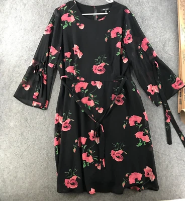 Nine West Day Dress Size 14 Black Pin Rose Print Lightweight Belted Sheer Sleeve - Image 1 of 4