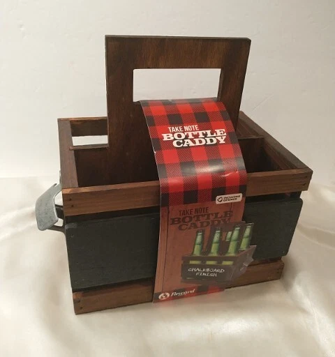 Wooden Bottle Caddy w/ Opener & Chalkboard Finish - Carry Six Pack Beer
