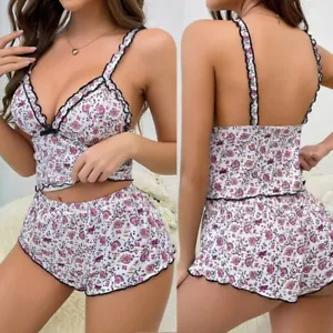 Damen Dessous Cami Pyjama Sets 2-teilig Print Tanktop & Shorts Camisole Lounge - Bild 1 von 12