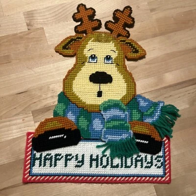 Plastic Canvas FINISHED item Happy Holidays Reindeer "Olive" Deer Christmas CUTE - Image 1 of 4