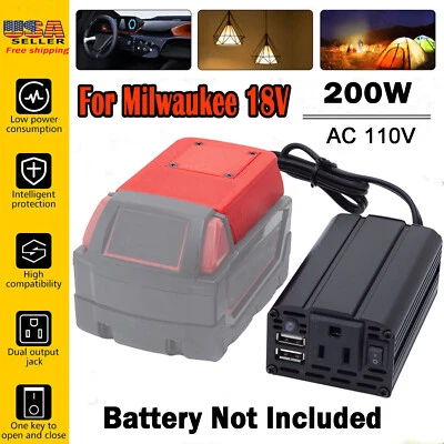 DEMKMILRI Power Supply Inverter For Milwaukee 18V Battery to AC 110V/200W Sine Wave NEW US